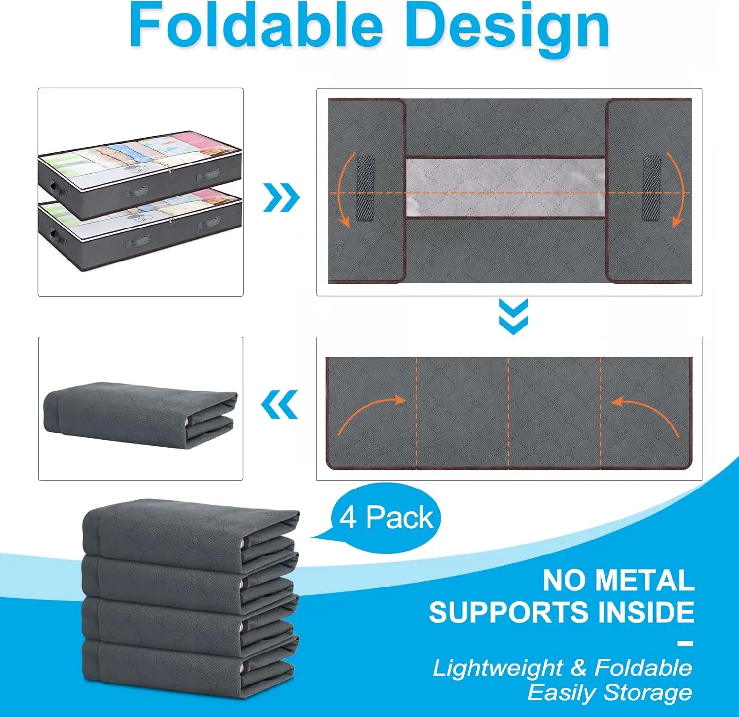 Foldable design of a product with text highlighting no metal supports inside, lightweight, and easy storage.