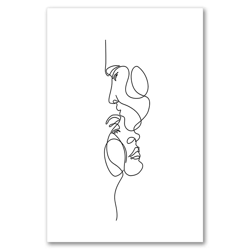Black And White Line Drawing Couple Kiss Canvas Prints Heart Art Painting Hand In Hand Poster Minimalist Pictures Home Decor Peaceful Pleasures Health and Wellness 9956-07 55x75cm