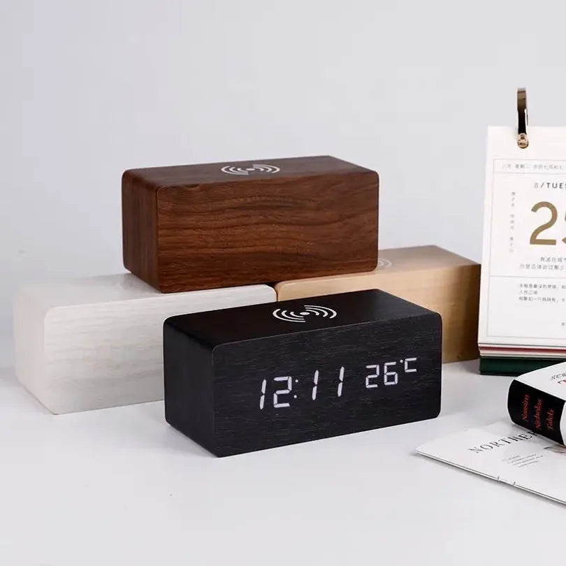 Wooden Digital Alarm Clock with Wireless Charging LED Clock with Time Date Temperature Desk Clocks for Office Bedside Clock Peaceful Pleasures Health and Wellness