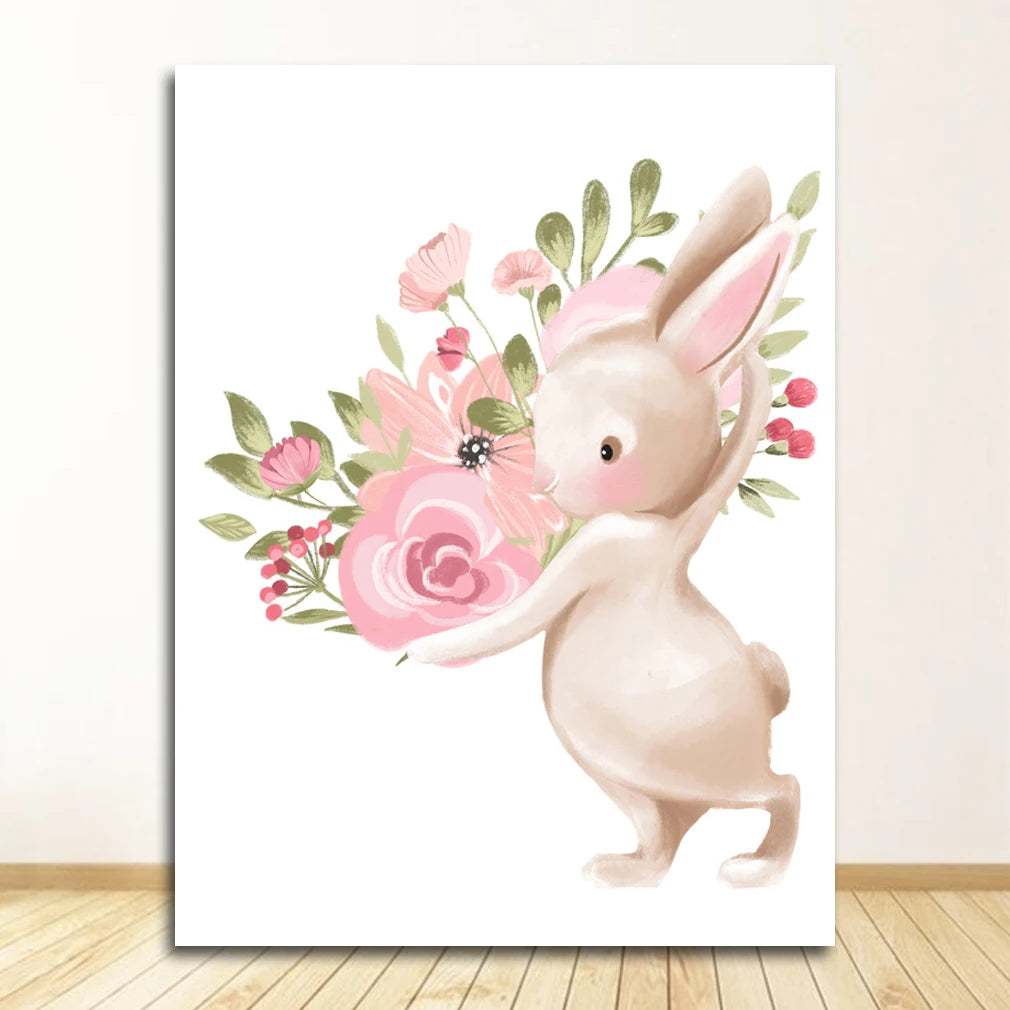 Pink Bunny Nursery Canvas Wall Art | Girls Baby Room Decor