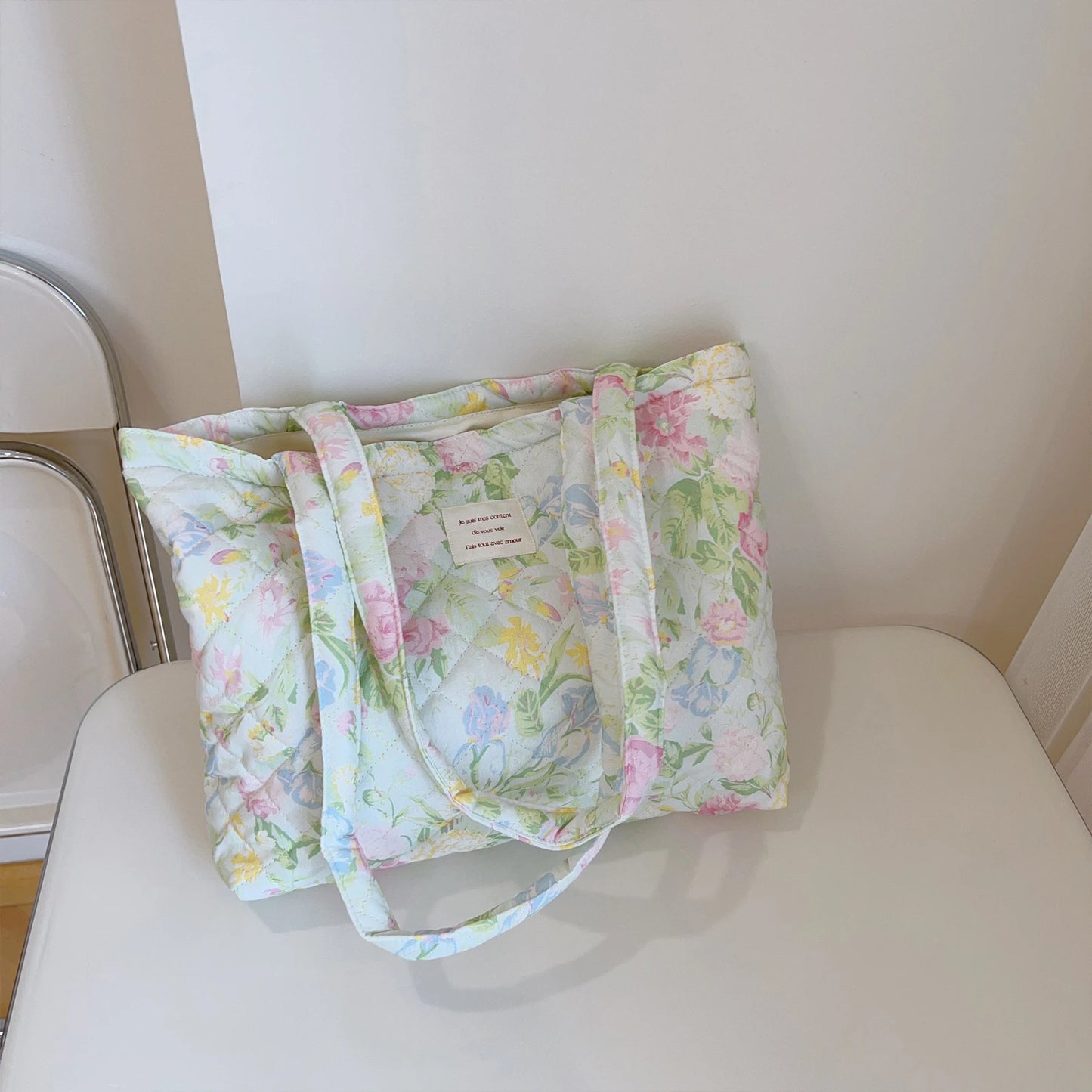 Women Quilted Cotton Laptop Work Tote Bag Lightweight Flower Print Shoulder Bags French Styles Armpit Bags for Daily Travel Work Peaceful Pleasures Health and Wellness Green-pink flower