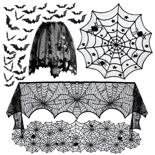 Halloween Black Lace Tablecloth – Spider Web & Bat Table Cover Halloween Table Decor Peaceful Pleasures Health and Wellness