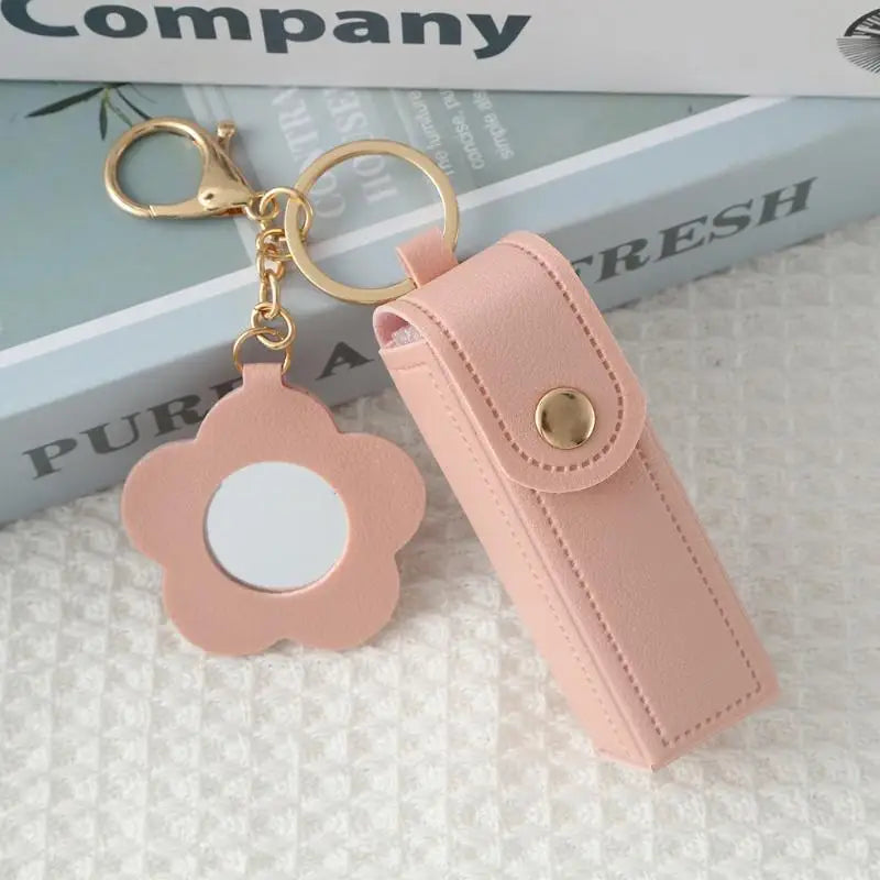 PU Leather Lipstick Holder Keychain with Flower Mirror