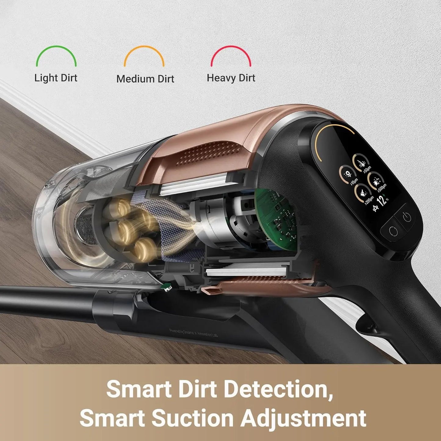 Vacuum cleaner with smart dirt detection and suction adjustment feature on a wooden floor.
