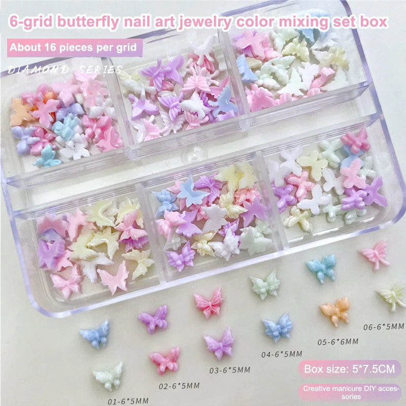 6 Grid Small Butterfly Nail Charms 6*5mm 3d Resin Colorful Butterfly Nail Art Flat-Back Butterfly Nail Parts Peaceful Pleasures Health and Wellness Multicolor