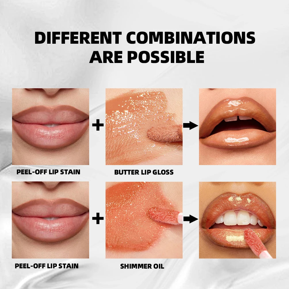QIBEST 3pcs Multifunctional Makeup Sets Peel Off Lip Stain,Lip Glaze,Shimmer Lip Oil Long Lasting Lip Gloss Tint Cosmetics Kits Peaceful Pleasures Health and Wellness