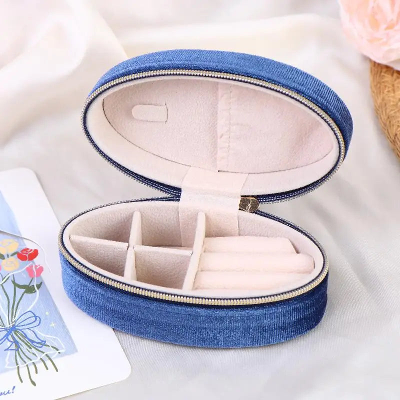 Mini Velvet Jewelry Box Oval Shape for Storage of Rings Earrings Bracelets Luxury Organizer for Home or Travel Peaceful Pleasures Health and Wellness Dark blue