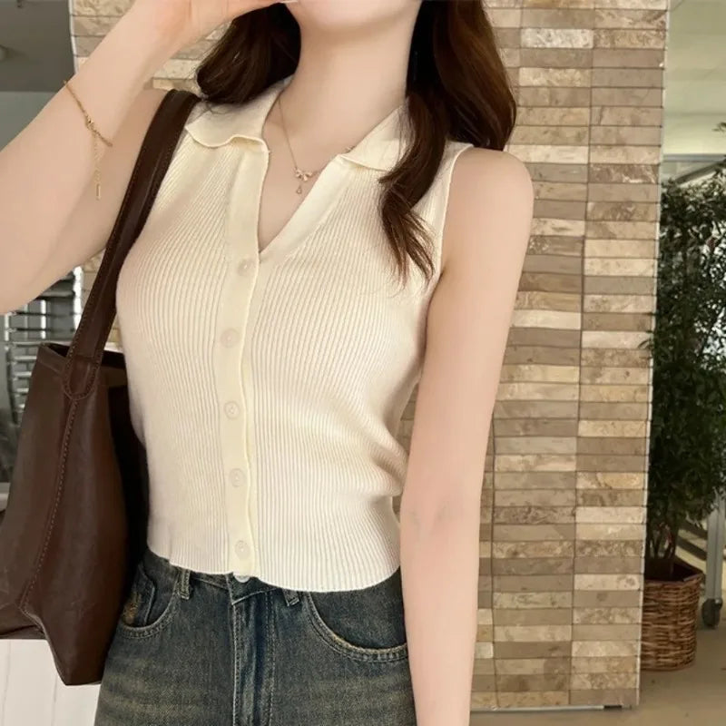 Women's Polo Collar Knit Vest – Slim Fit Sleeveless Camisole