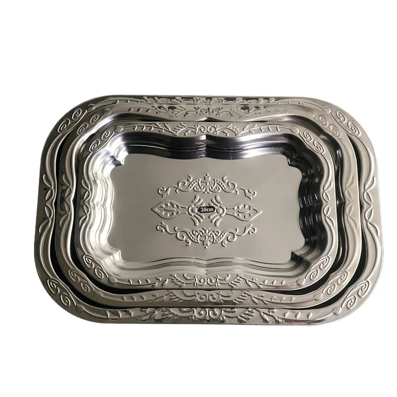 Hot Stainless Steel Rectangular Tray with Embossed Design for Kitchen Living Room Storage Durable Fruit Snack Cake Serving Dish Peaceful Pleasures Health and Wellness
