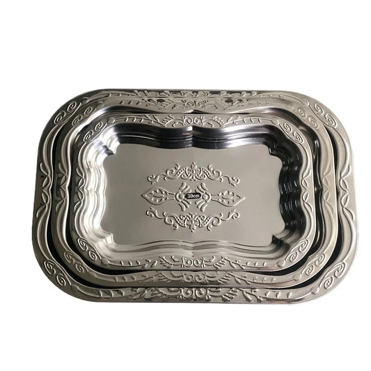 Hot Stainless Steel Rectangular Tray with Embossed Design for Kitchen Living Room Storage Durable Fruit Snack Cake Serving Dish Peaceful Pleasures Health and Wellness