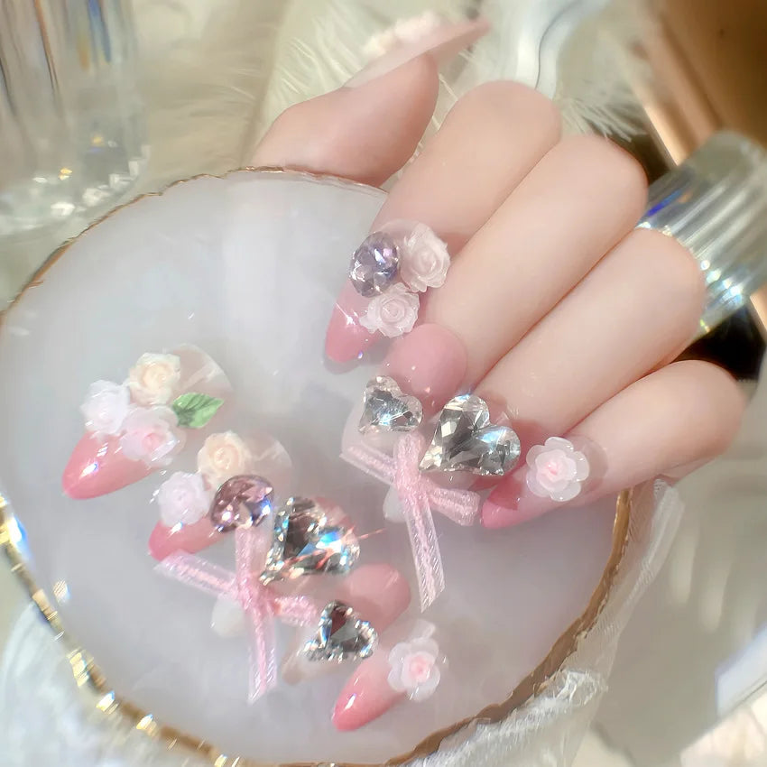 24pcs Sweet Cute Bow False Nails with Pink Crystal Design Korean Fake Nail Tips for Girl Lady Wearable Full Cover Press on Nails Peaceful Pleasures Health and Wellness 16
