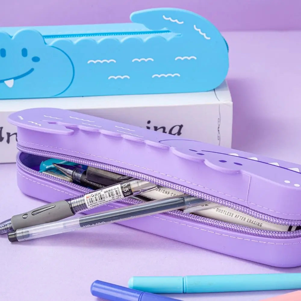Multifunctional Crocodile Shape Pencil Case Large Capacity Cartoon Pen Pouch Silicone Waterproof Stationery Box Gift Peaceful Pleasures Health and Wellness