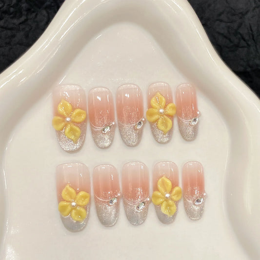 10pcs Handmade French Cat Eye Press on Nails Shiny Yellow Petals Design False Nails Wearable Full Cover Fashion False Nail Tips Peaceful Pleasures Health and Wellness M 1