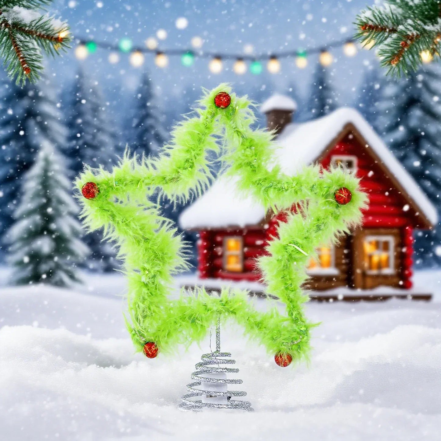 Christmas Fuzzy Grinch Star Tree Topper Iron Green Plush Holiday Festive Creative Home Party Decor Ornament Peaceful Pleasures Health and Wellness