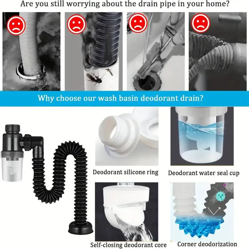 Flexible Sink Drain Pipe & Odor-Blocking Strainer | Universal Fit