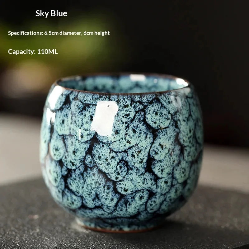 New Ceramic Kung Fu Tea Set with Kiln Transformation, Single Cup Tianmu Glaze, Main Tea Tasting Cup, Egg Shaped Small Tea Bowl Peaceful Pleasures Health and Wellness 09 110ML