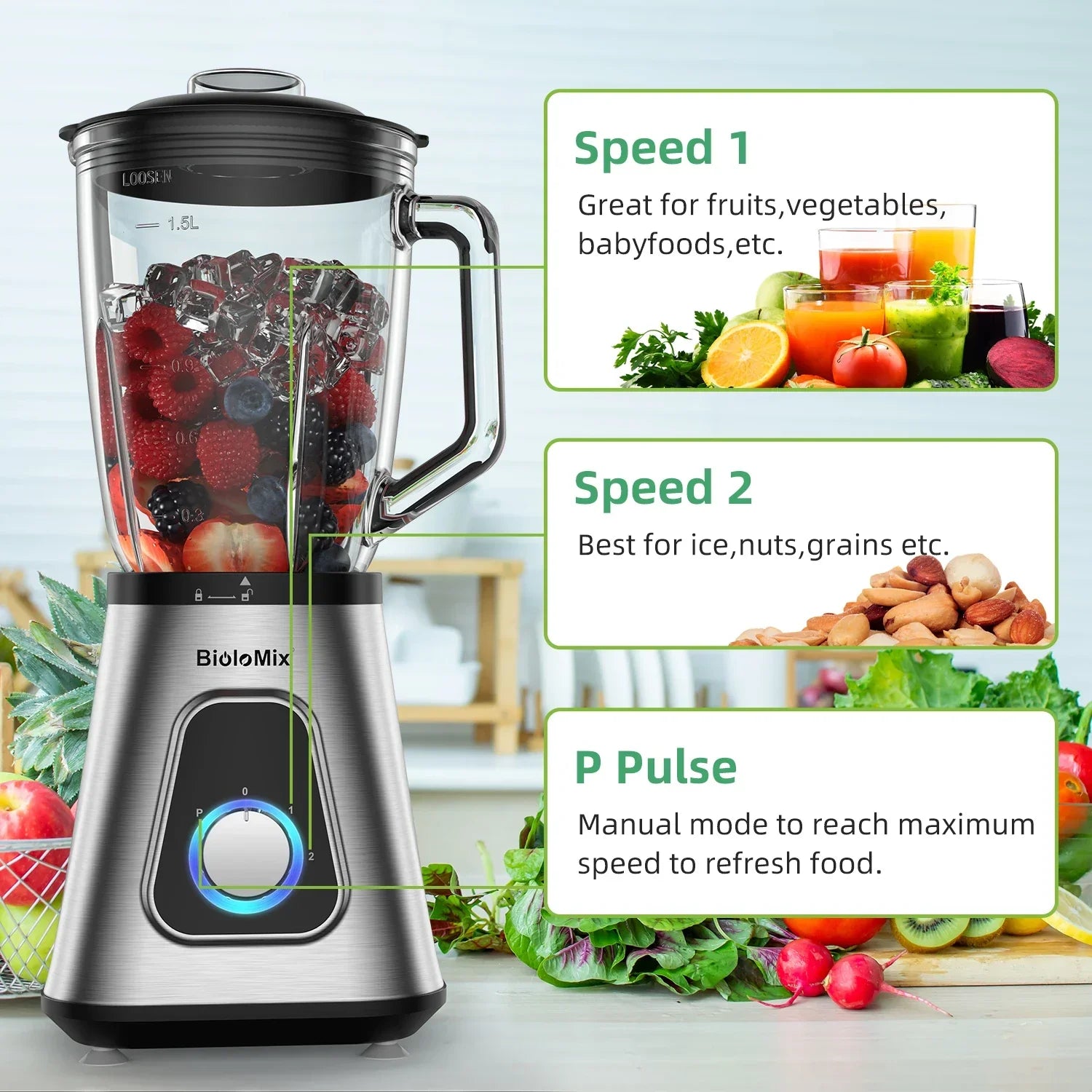 BioloMix 1300W 2-in-1 Blender – 1.5L Glass Jar & Travel Cup Blender BioloMix