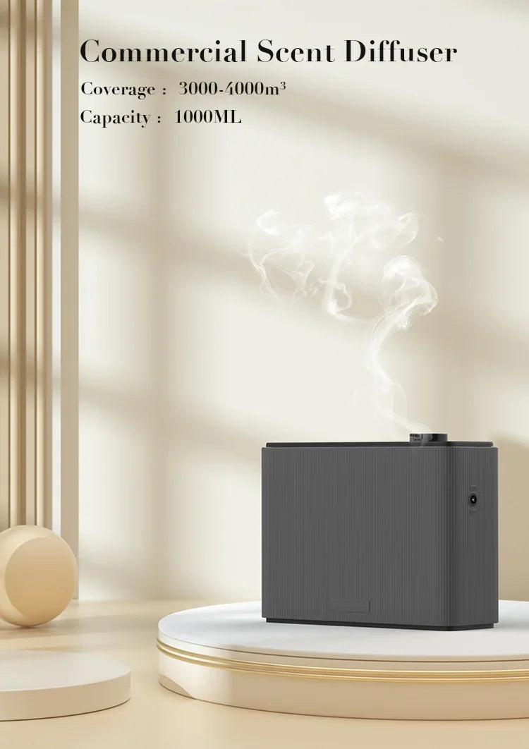Commercial scent diffuser emitting mist in a minimalistic setting with text on coverage and capacity.