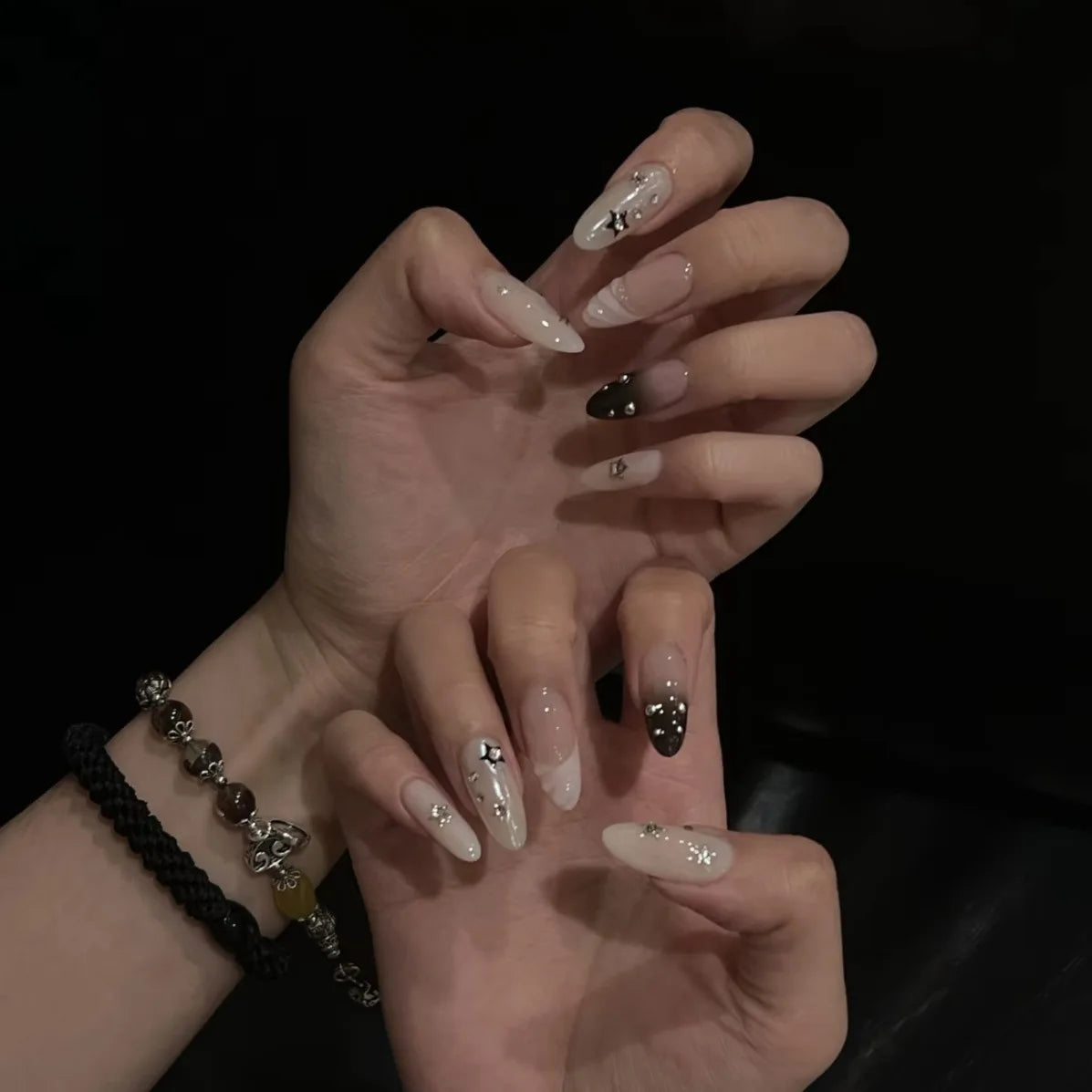 10pcs Handmade Korean Press on Nails Sweet Cool Star Pink White Fake Nail Tips Wearable Summer Night Sky Almond False Nails Peaceful Pleasures Health and Wellness