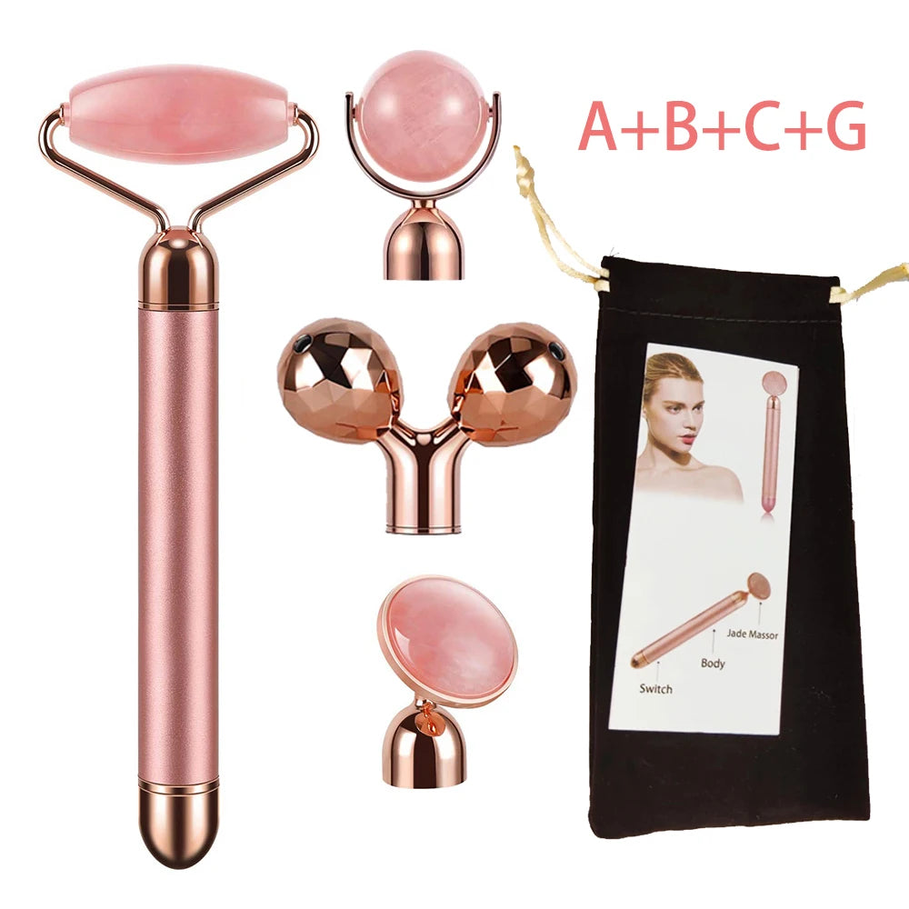 New Electric Vibrating Jade Roller Massager For Slimming Face Lifting Rose Quartz 3D Roller Stone Facial Skin Care Beauty Tool Peaceful Pleasures Health and Wellness New 4 IN 1 No Box