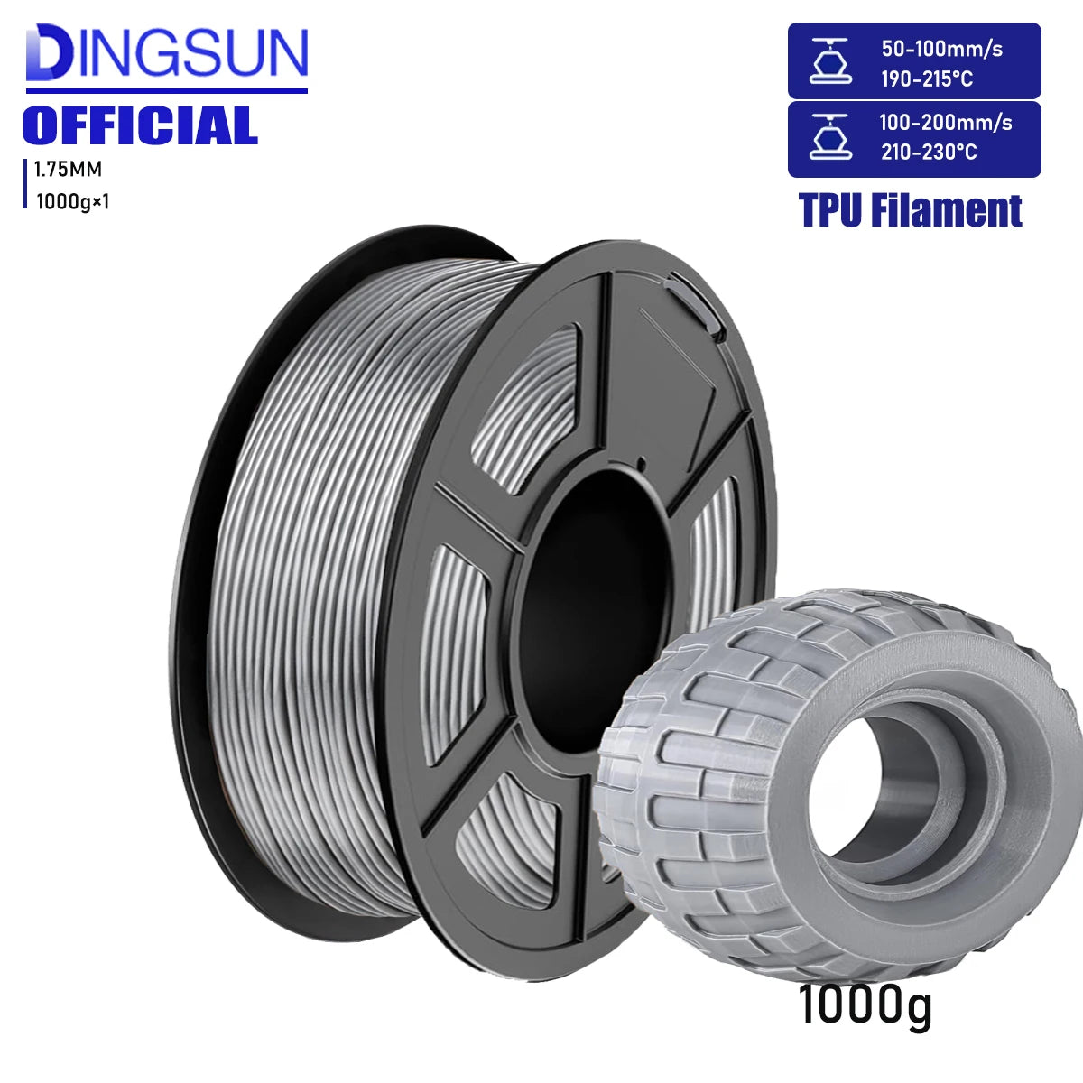 DINGSUN TPU Filament 1.75mm 98A Flexible 3D Printing 250g–1kg