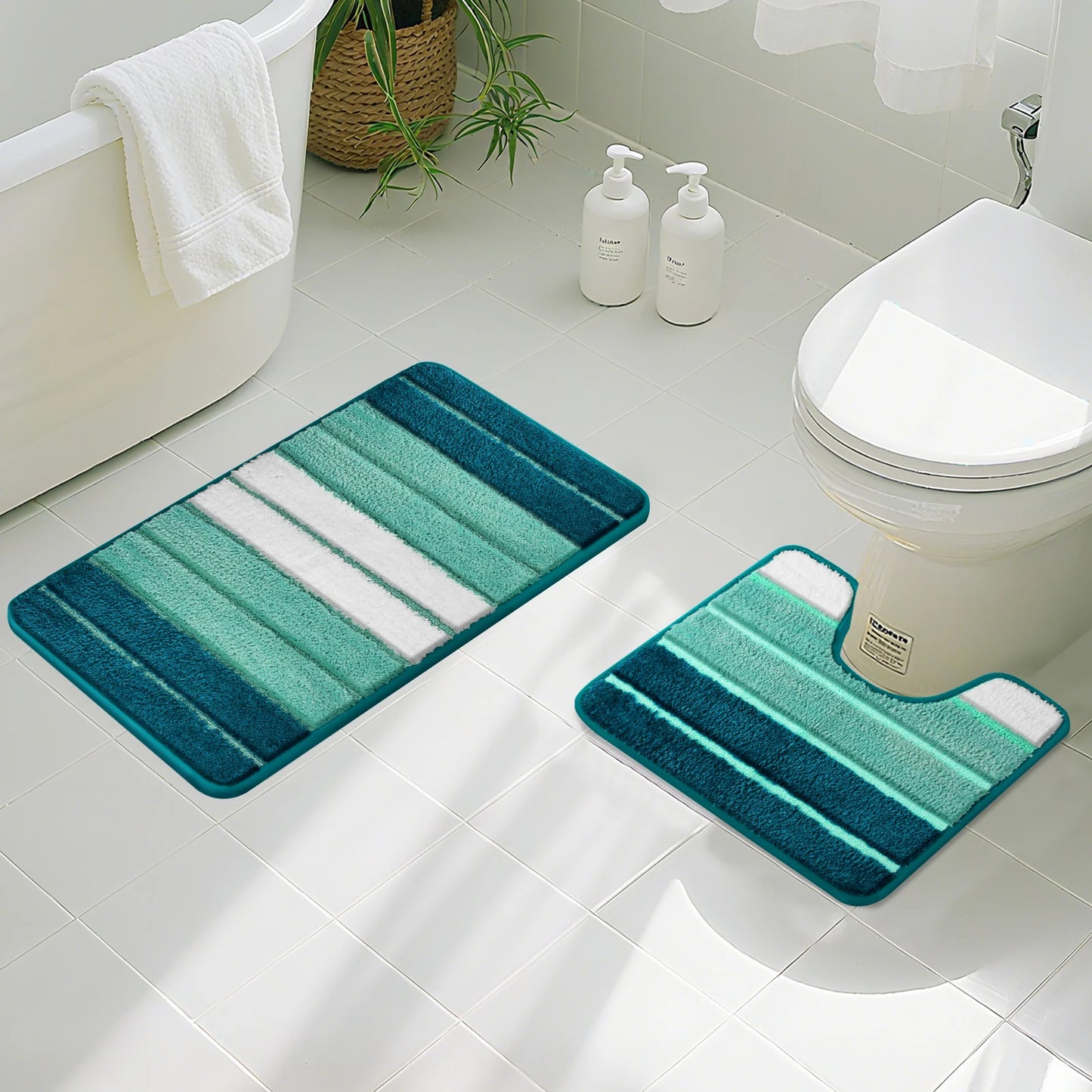 Striped Microfiber Bath Mat 50×80CM & 40×50CM Absorbent Carpet Set Non-Slip Washable Toilet Rugs for Shower Floor Bathroom Mats Peaceful Pleasures Health and Wellness Cyan