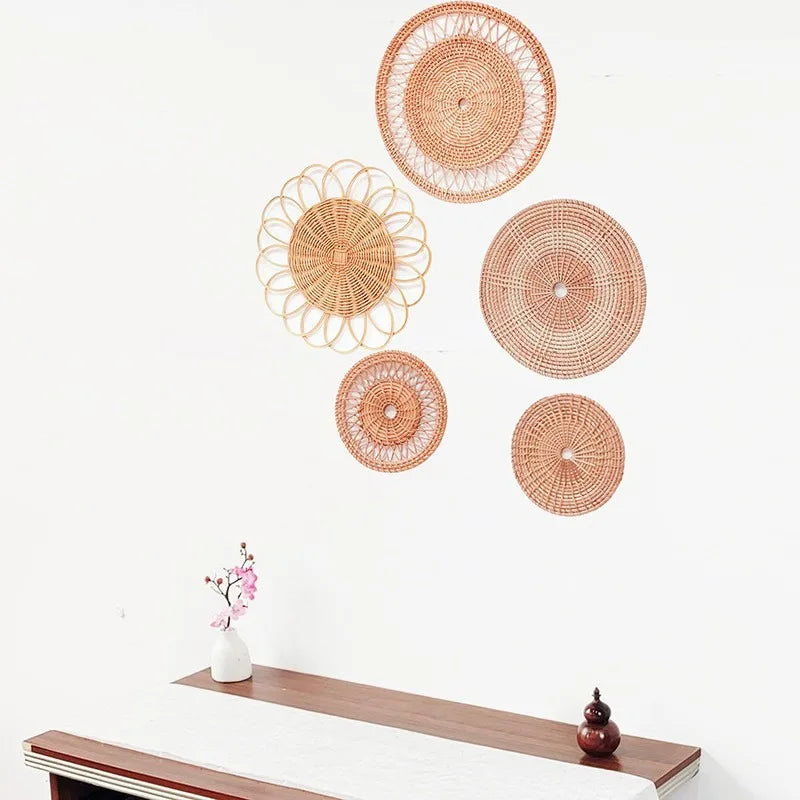 Round Wicker Tray Rattan Woven Wall Hanging Bohemian Country Style Handmade Wall Decor for Living Room Bedroom Wall Display Peaceful Pleasures Health and Wellness