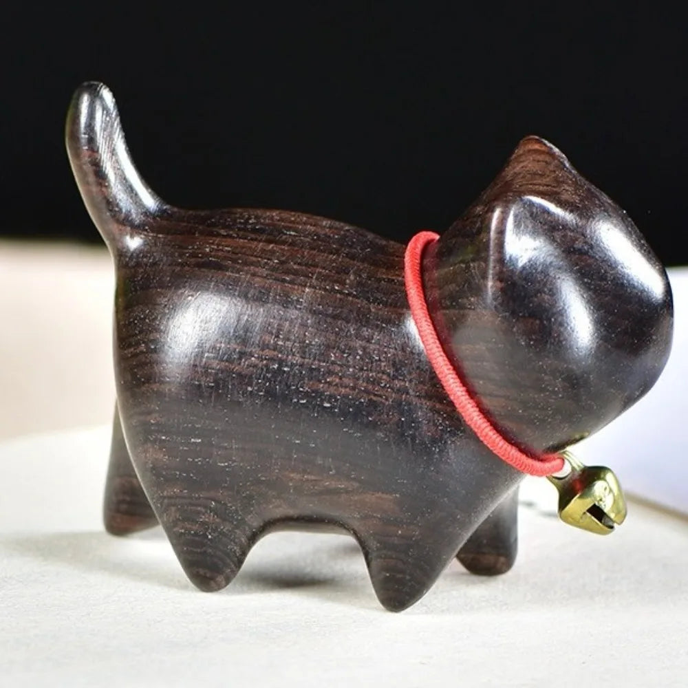 Handmade Wooden Cat Figurine with Bell | Natural Wood Decor
