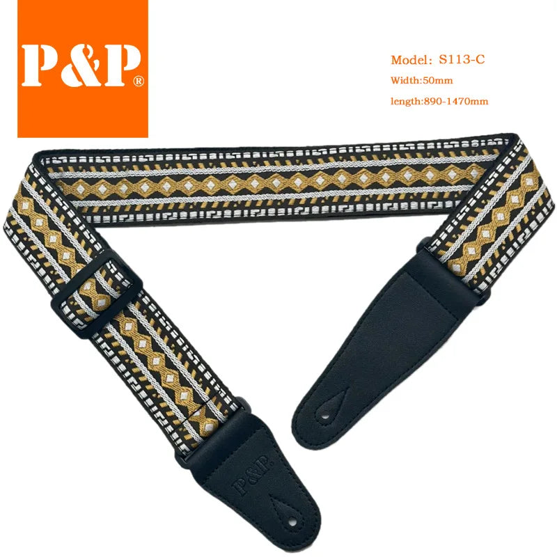 Guitar Strap Embroidered Belt Adjustable Jacquard Band Cotton Leather