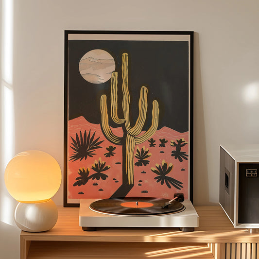 Modern Desert Night Moon Giant Cactus Wall Art Aluminum Frame Prints Canvas Painting Poster Picture For Living Room Home Decor Peaceful Pleasures Health and Wellness G1823-1 50x70cm Black Frame