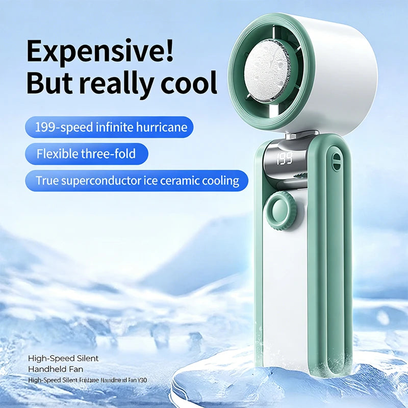 Mini Foldable Ice Cooling Turbo Fan 199 Speeds Triple Fold Design Long Battery Life Strong Wind Power Ice Cure For Outdoor Home Peaceful Pleasures Health and Wellness