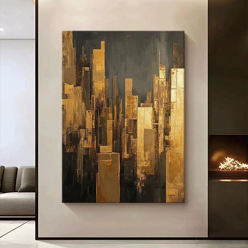 Hand Drawn Oil Painting Abstract Hanging Picture Gold foil Building Wall Art Texture Poster Living Room Porch Hotel Decor Mural Peaceful Pleasures Health and Wellness
