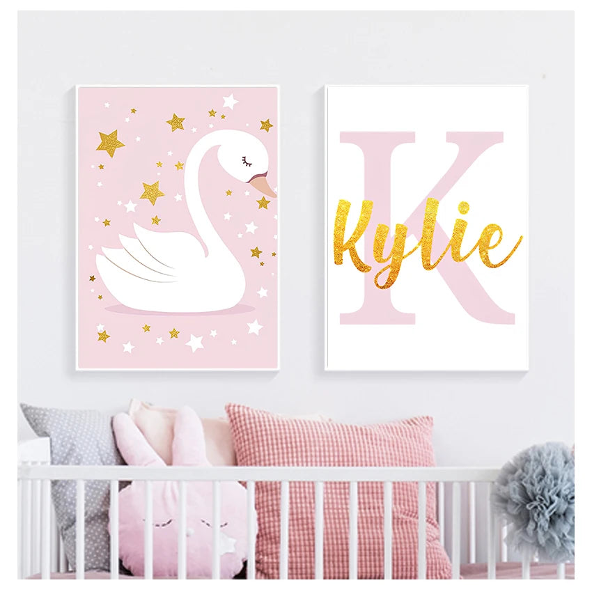 Pink Swan Nursery Canvas Wall Art | Custom Name Baby Girl Decor