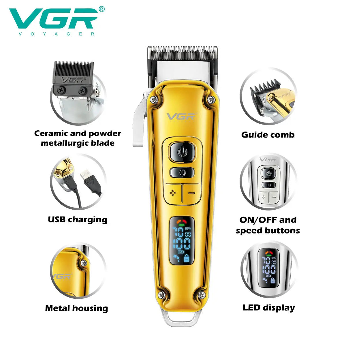 VGR 006 electric hair clipper metal retro men's electric push shear oil head carving LED intelligent digital hair trimming machi Peaceful Pleasures Health and Wellness