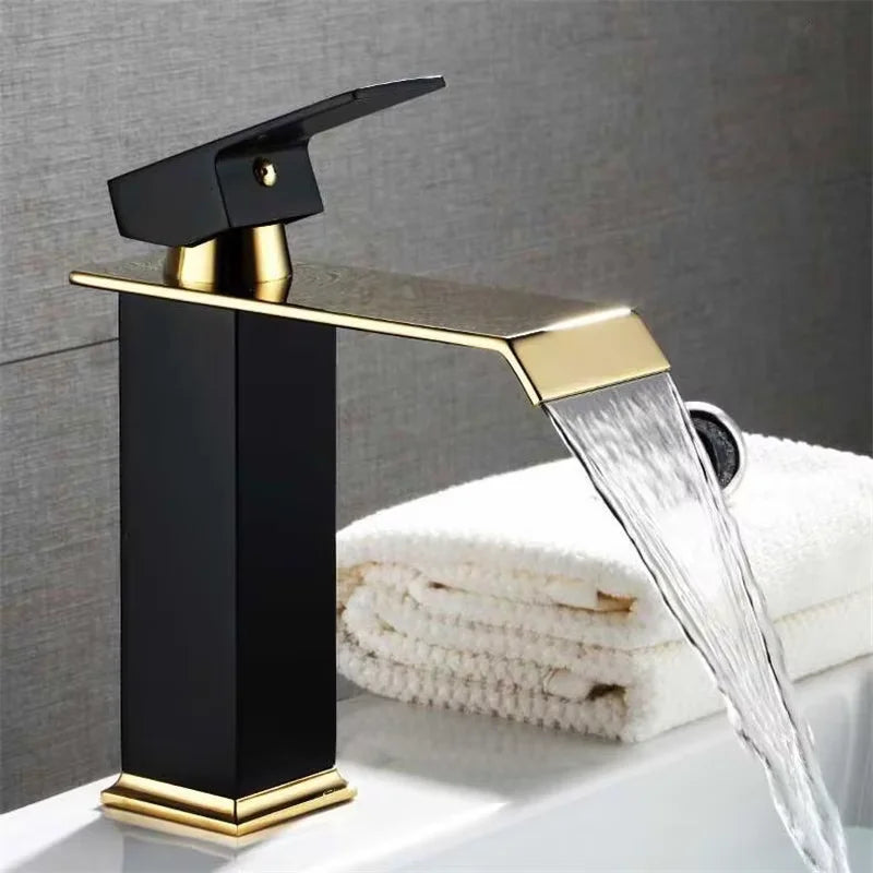 Gold & Black Waterfall Basin Faucet | Brass Bathroom Mixer Tap