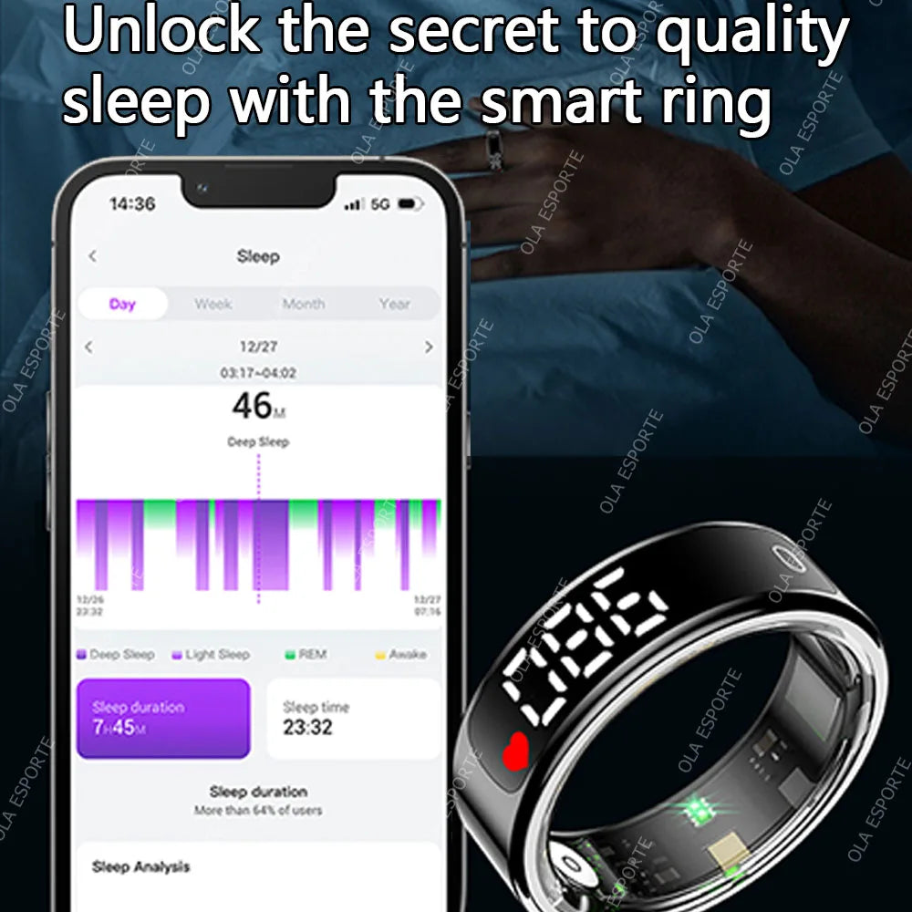 LED Hd Screen Smart Ring Tiktok Control Men Ring 5ATM Waterproof Heart Rate Sleep Monitor Women Smartring 100+Sports Model Ring Peaceful Pleasures Health and Wellness