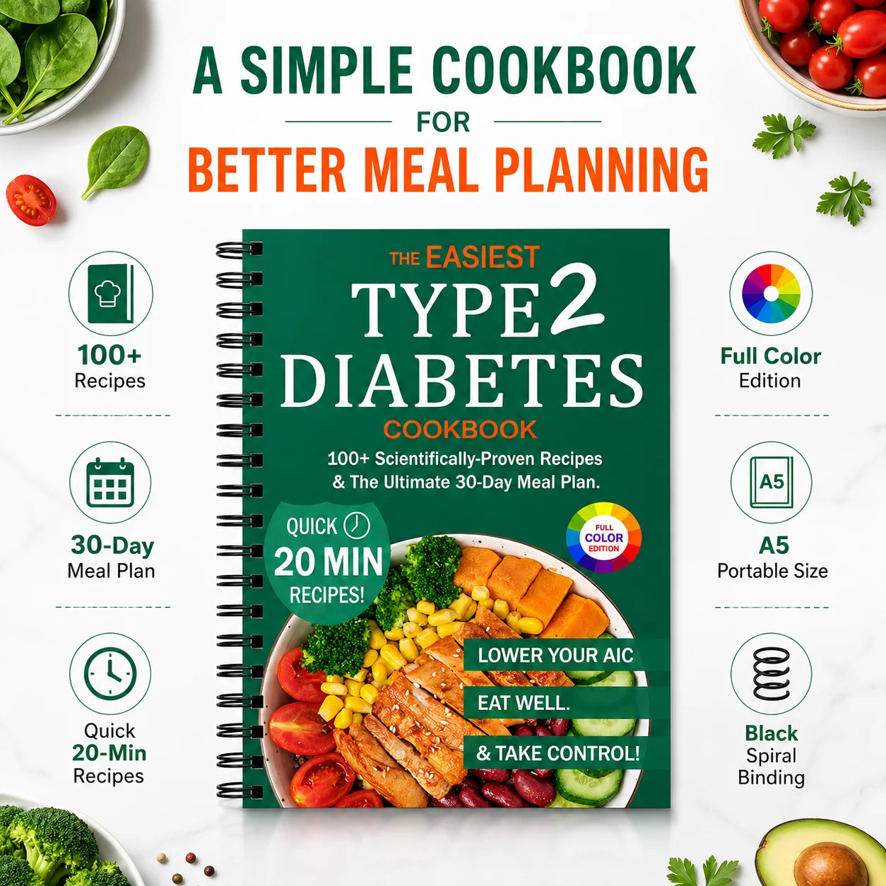 2 Cookbook A5 Spiral Guide 100+ Quick Recipes 30-Day Meal Routine
