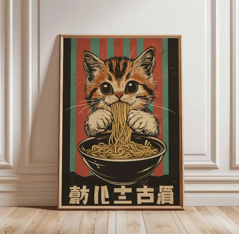 Black Cat Ramen Japanese Food Noodle Ginger Cat Poster Print Wall Art Pictures Canvas Painting Living Room Home Wall Decoration Peaceful Pleasures Health and Wellness