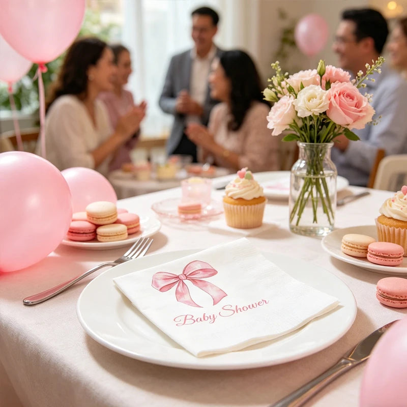 Pink Bow Baby Shower Napkins – 20pcs Disposable Paper Cocktail