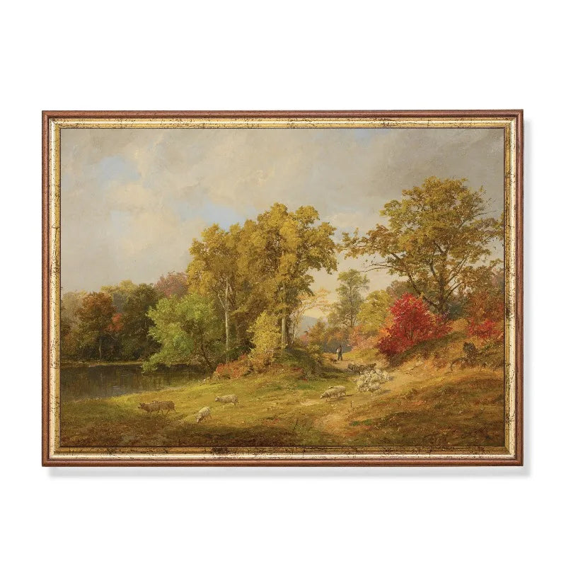 Autumn Forest Gold Trees Vintage Moody Canvas Wall Art Print