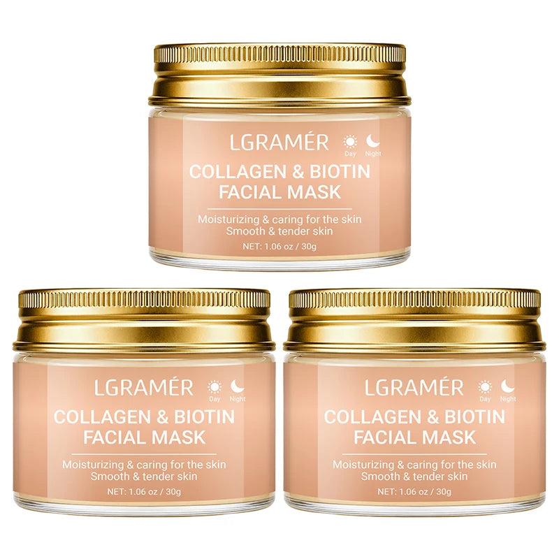 Collagen & Biotin Day Night Mask, Intense Moisturizing Hydration, Smooth Rough Skin, Make Skin Tender Soft & Glowing Facial Care Peaceful Pleasures Health and Wellness 30g-3pcs