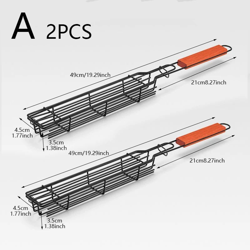BBQ Grilling Basket – Non-Stick Steel, Rosewood Handle, Latch Closure, Portable Kebab Grill Mesh