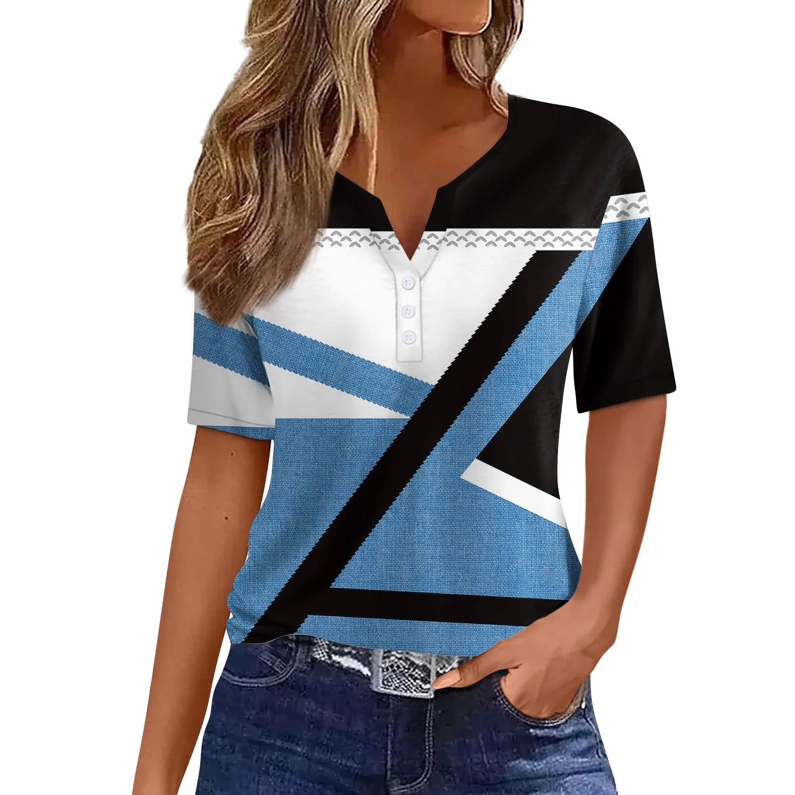 2024 Summer Patchwork T-Shirts Button Tops Womens Casual Short Sleeve Loose Ladies V-Neck Female Street Clothes Pullover Peaceful Pleasures Health and Wellness
