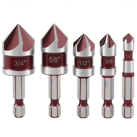 5 Flute Metal M35 Cobalt Countersink Drill Bit Set 82° 5pcs 1/4" Hex Shank Countersunk Bit Set 1/4” 3/8” 1/2” 5/8 With Holder Peaceful Pleasures Health and Wellness 5PCS