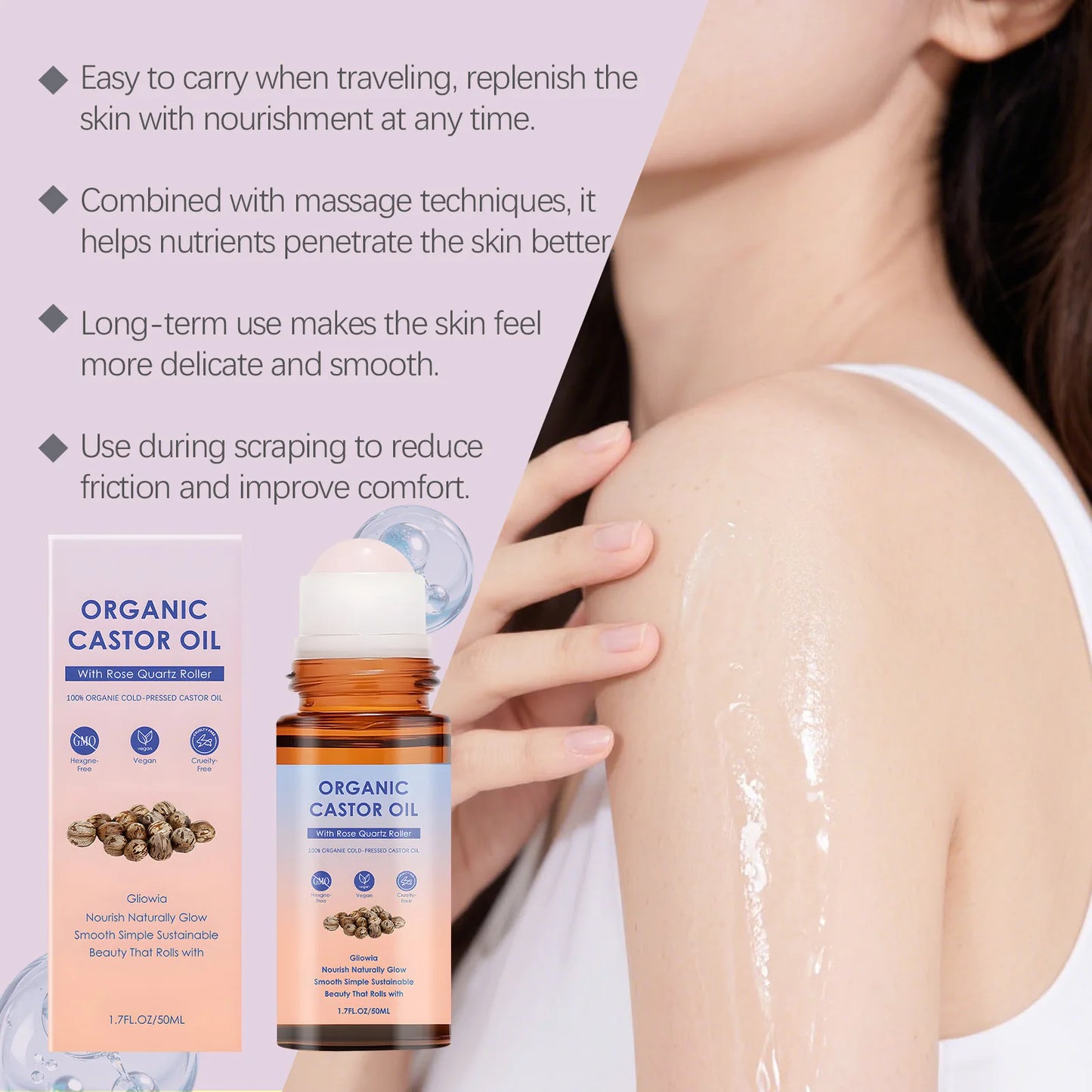 Organic Castor Oil Rose Quartz Roller Ball Moisturizing Skin Barrier Deep Repair Soothing Skin Cold-Pressed Natural Castor Oil Peaceful Pleasures Health and Wellness
