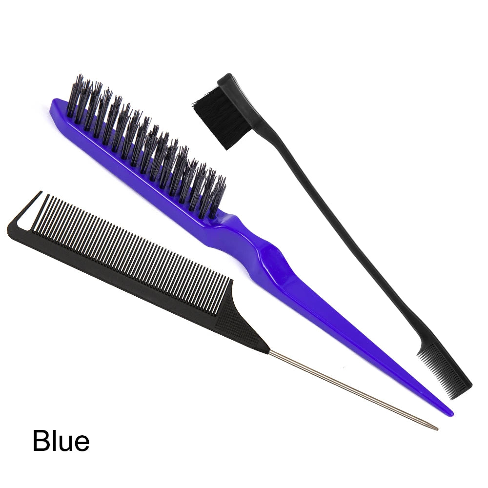3 Piece Women's Hair Styling Brush Set Teasing Fluffy Rat Tail Comb Triple Teasing Curly Hair Accessories for Fluffy Volume Peaceful Pleasures Health and Wellness Blue