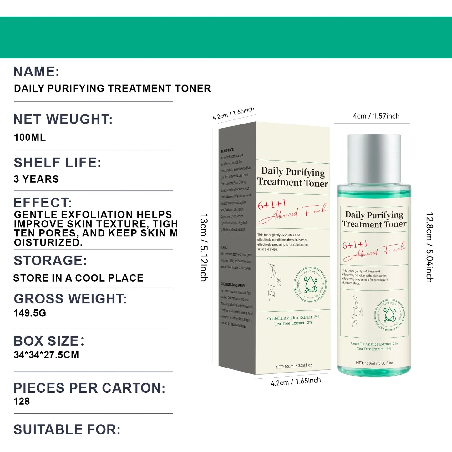 Daily Purifying Treatment Toner with Salicylic Acid & Centella Asiatica,Oil Control & Facial Exfoliation Skin Care Toner,100ml Peaceful Pleasures Health and Wellness