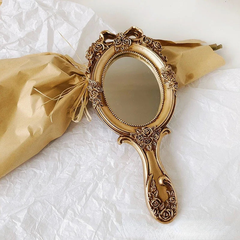 Cute Creative Vintage Hand Mirrors Makeup Vanity Mirror Handheld Cosmetic Mirror with Handle for Gifts Peaceful Pleasures Health and Wellness Gold