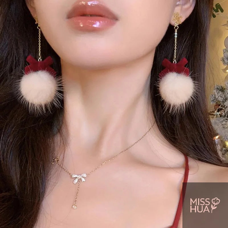 Pompom Bowknot Plush Drop Earrings | Christmas & New Year Gift