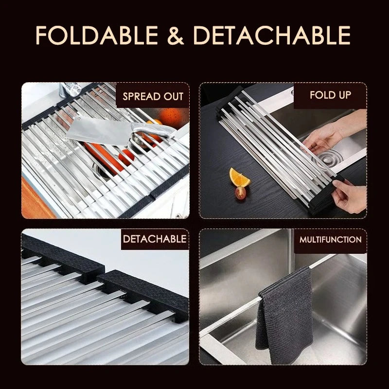 Folded Dish Drain Rack for Kitchen SUS304 Steel,Sink drying Rack,Bowl shelf Roll-up Dish Drying Rack Overthe Sink Plate Storage Peaceful Pleasures Health and Wellness